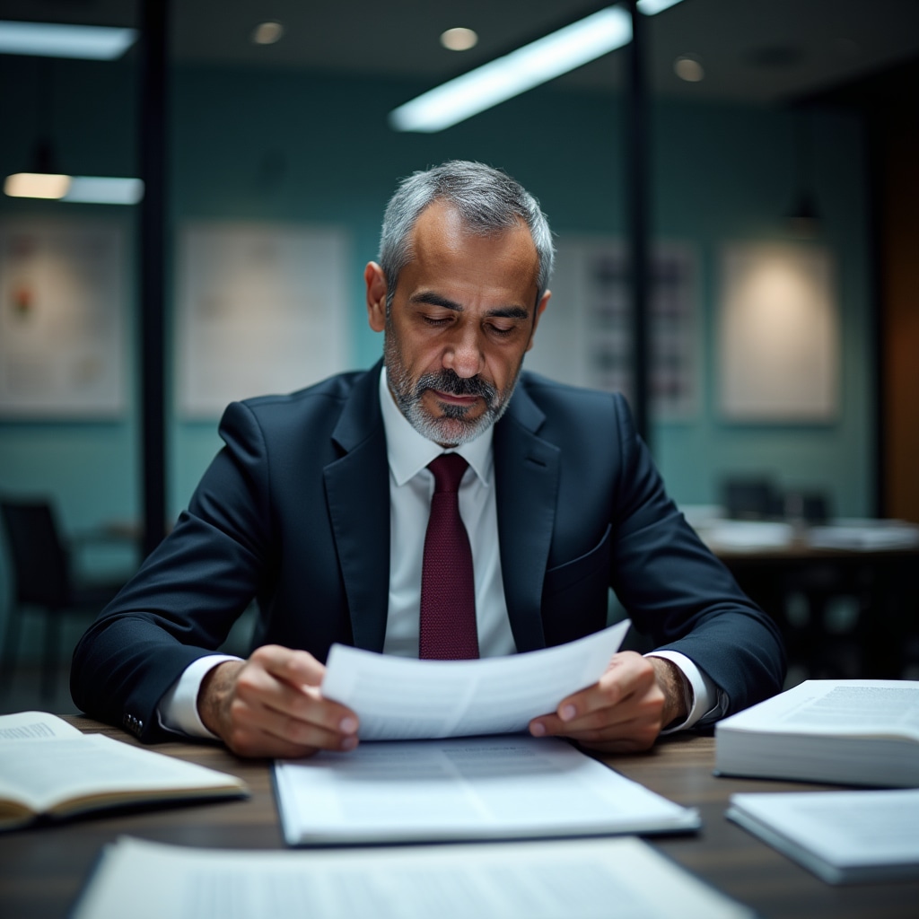 Legal professional reviewing regulatory documents